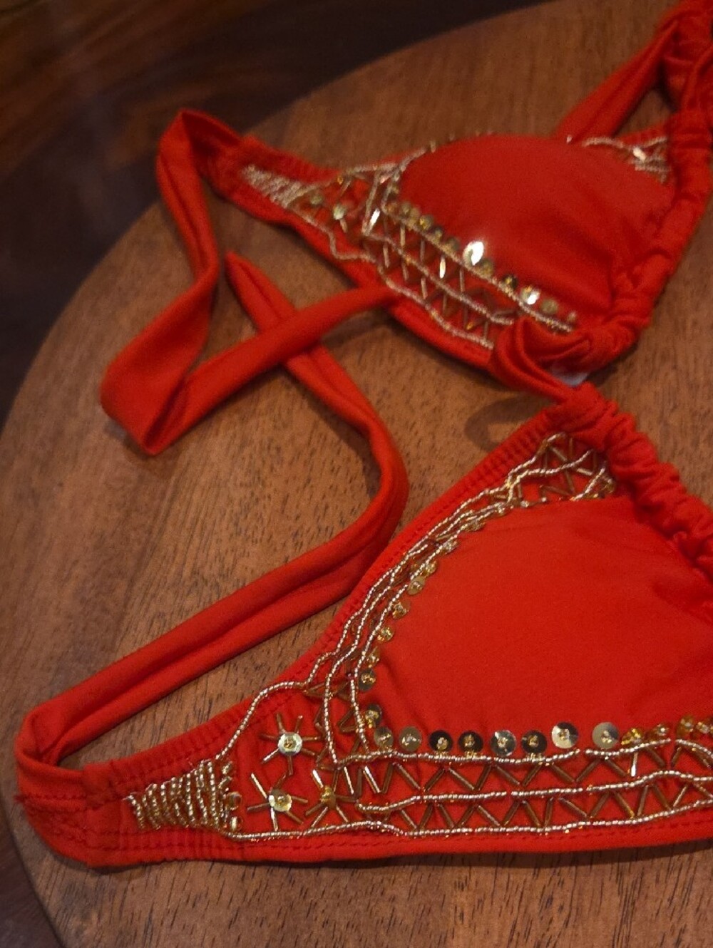Red Embellished Triangle Bikini Set by - Picture 2 of 7